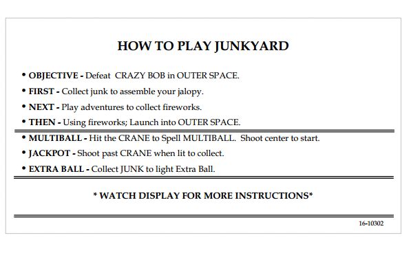 JUNKYARD (Williams) Instruction card