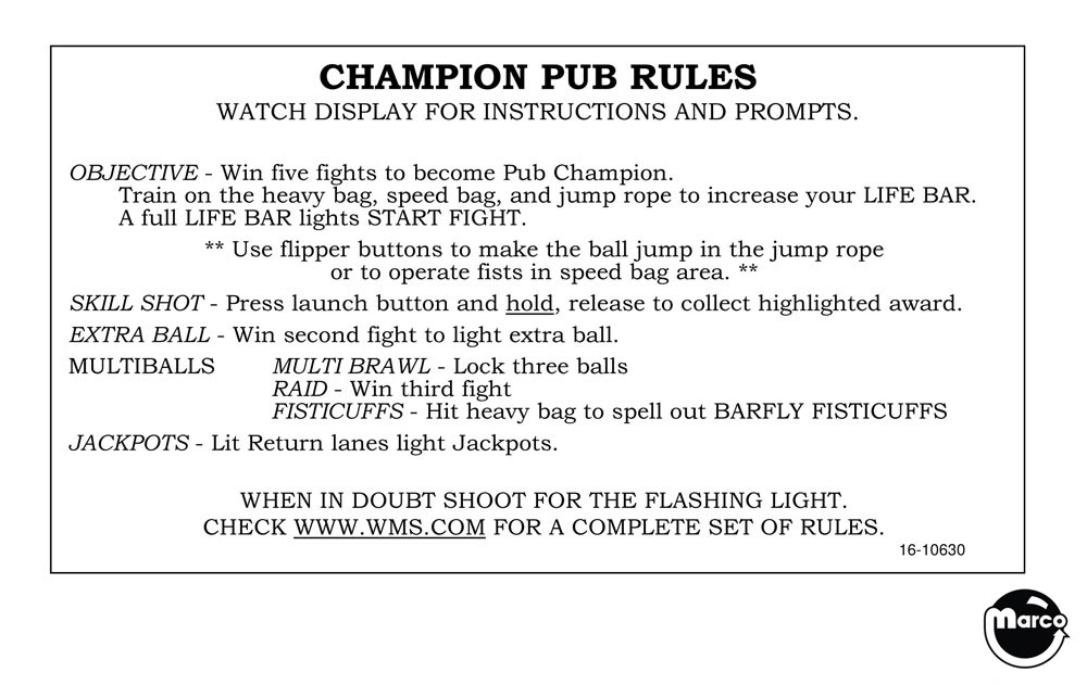 CHAMPION PUB (Bally) Score Card
