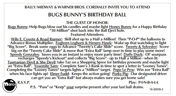 BUGS BUNNY (Bally) Score Card