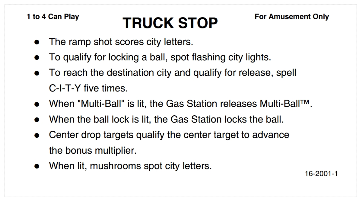 TRUCK STOP (Bally) Score card