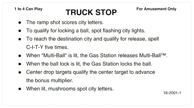 TRUCK STOP (Bally) Score card