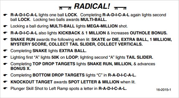 RADICAL (Bally) Score Card Instruction