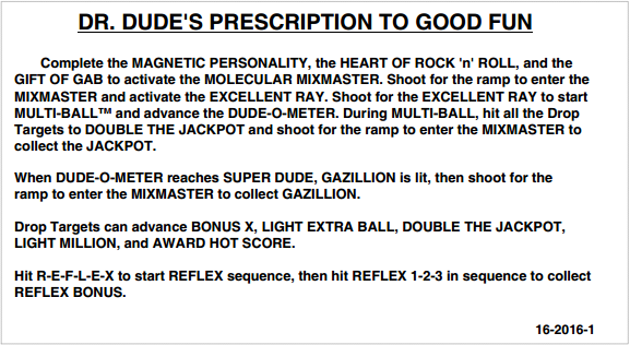 DR DUDE (Bally) Score Card Instruction