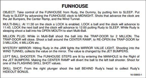 FUNHOUSE (Williams) Score card
