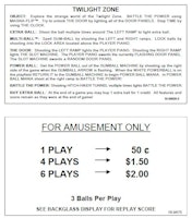 TWILIGHT ZONE (Bally) Score card