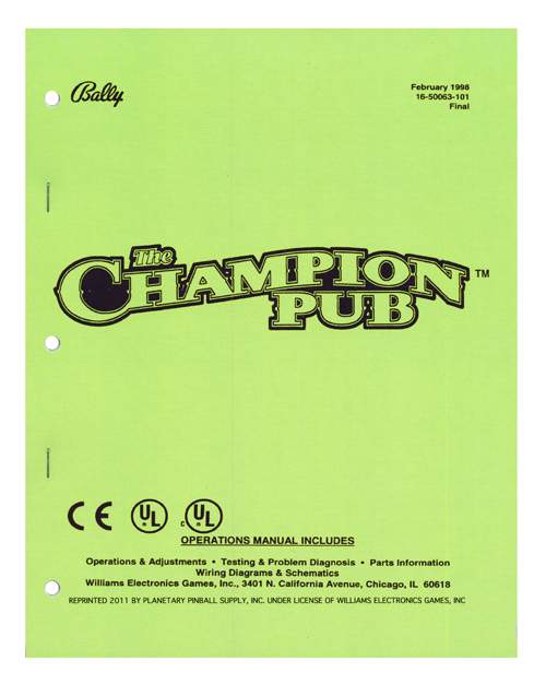 CHAMPION PUB (Bally) Manual - Reprint