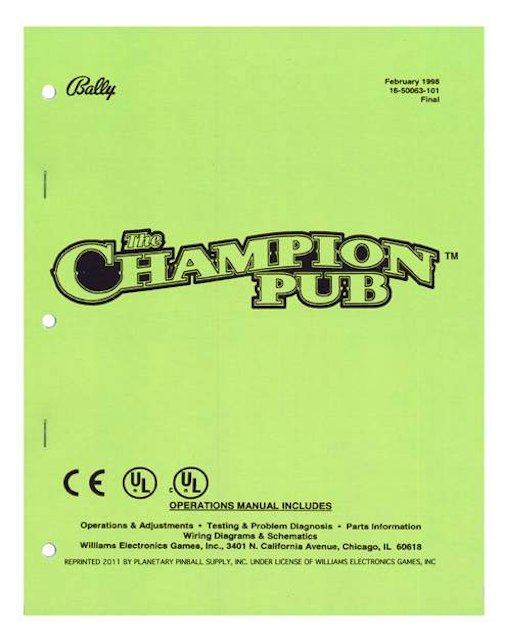 CHAMPION PUB (Bally) Manual - Reprint