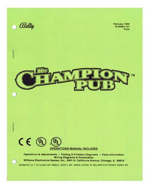 CHAMPION PUB (Bally) Manual - Reprint