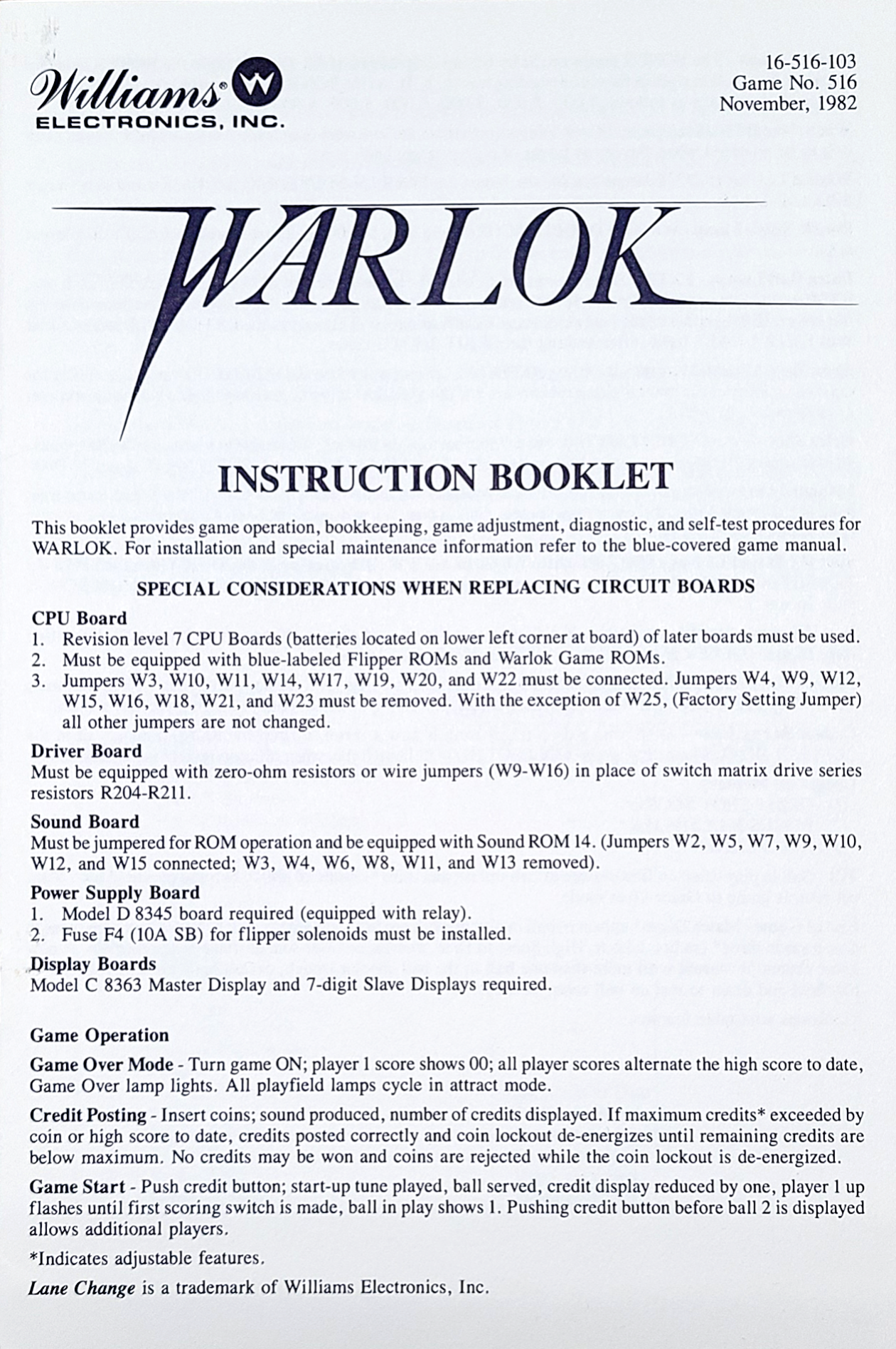 WARLOK Pinball (Williams) Handbook