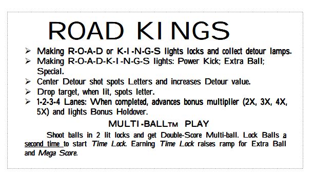 ROAD KINGS (Williams) Score Card