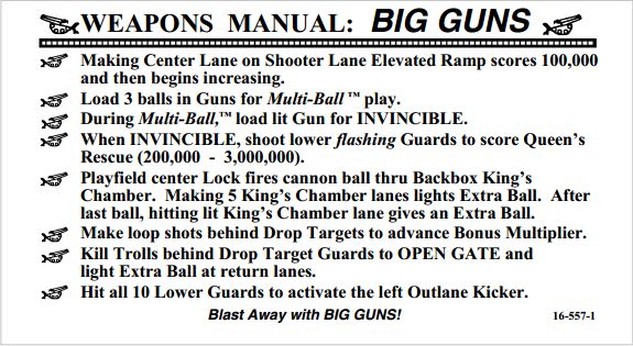 BIG GUNS (Williams) Score Card