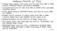SWORDS OF FURY (Williams) Score Card