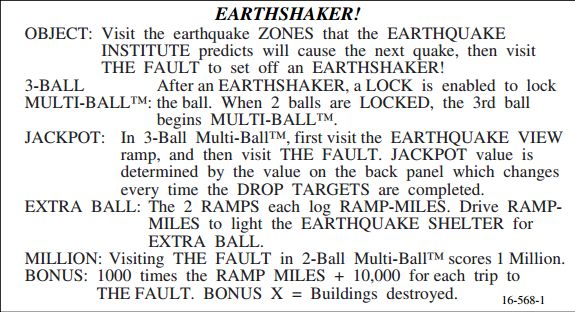 EARTHSHAKER (Williams) Score Card