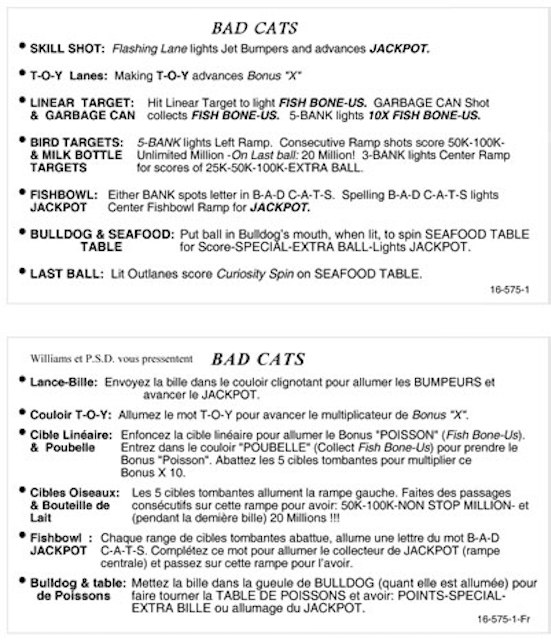 BAD CATS (Williams) Score Cards
