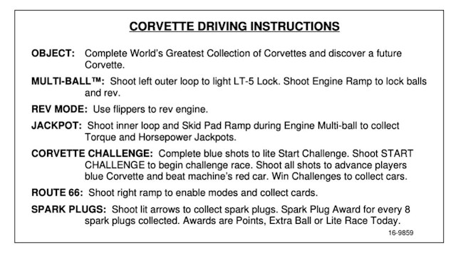 CORVETTE (Bally) Instruction Card