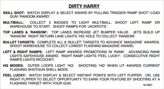 DIRTY HARRY (Williams) Score Cards