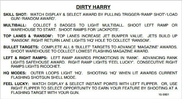 DIRTY HARRY (Williams) Score Cards