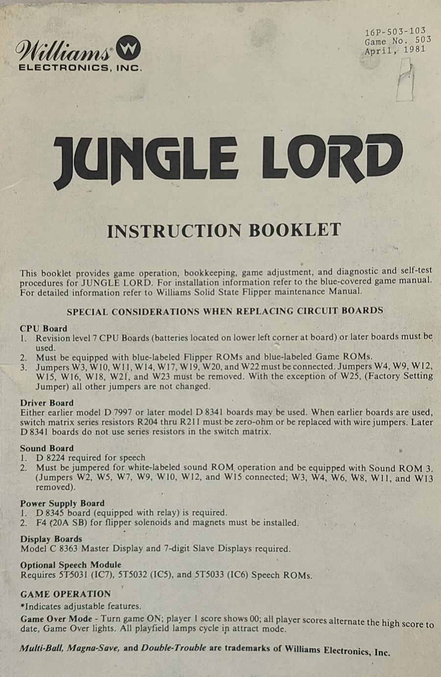 JUNGLE LORD (Williams) Handbook