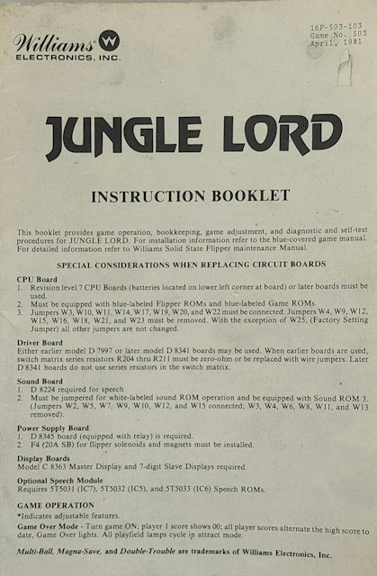 JUNGLE LORD (Williams) Handbook