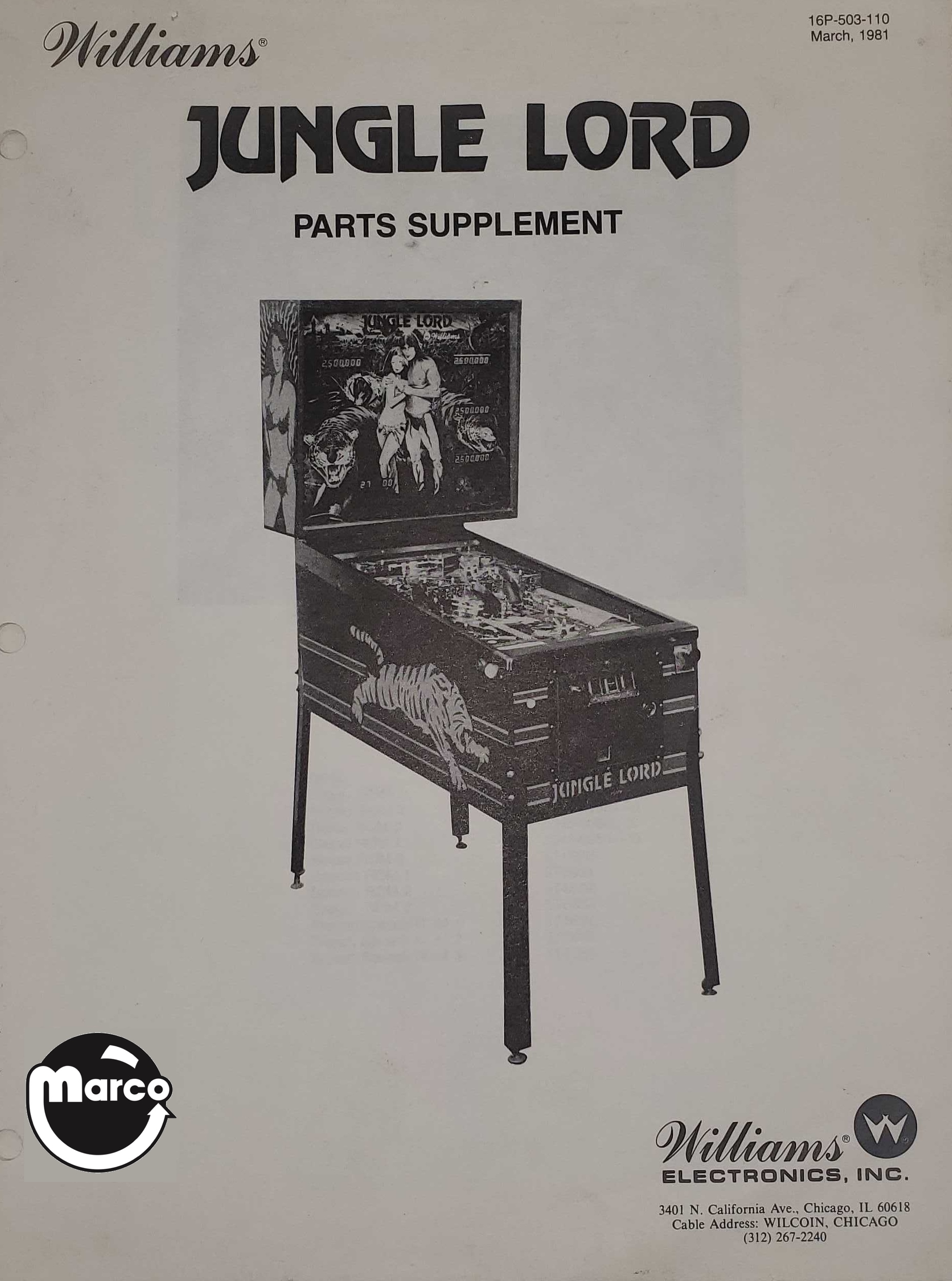JUNGLE LORD (Williams) Parts Supplement