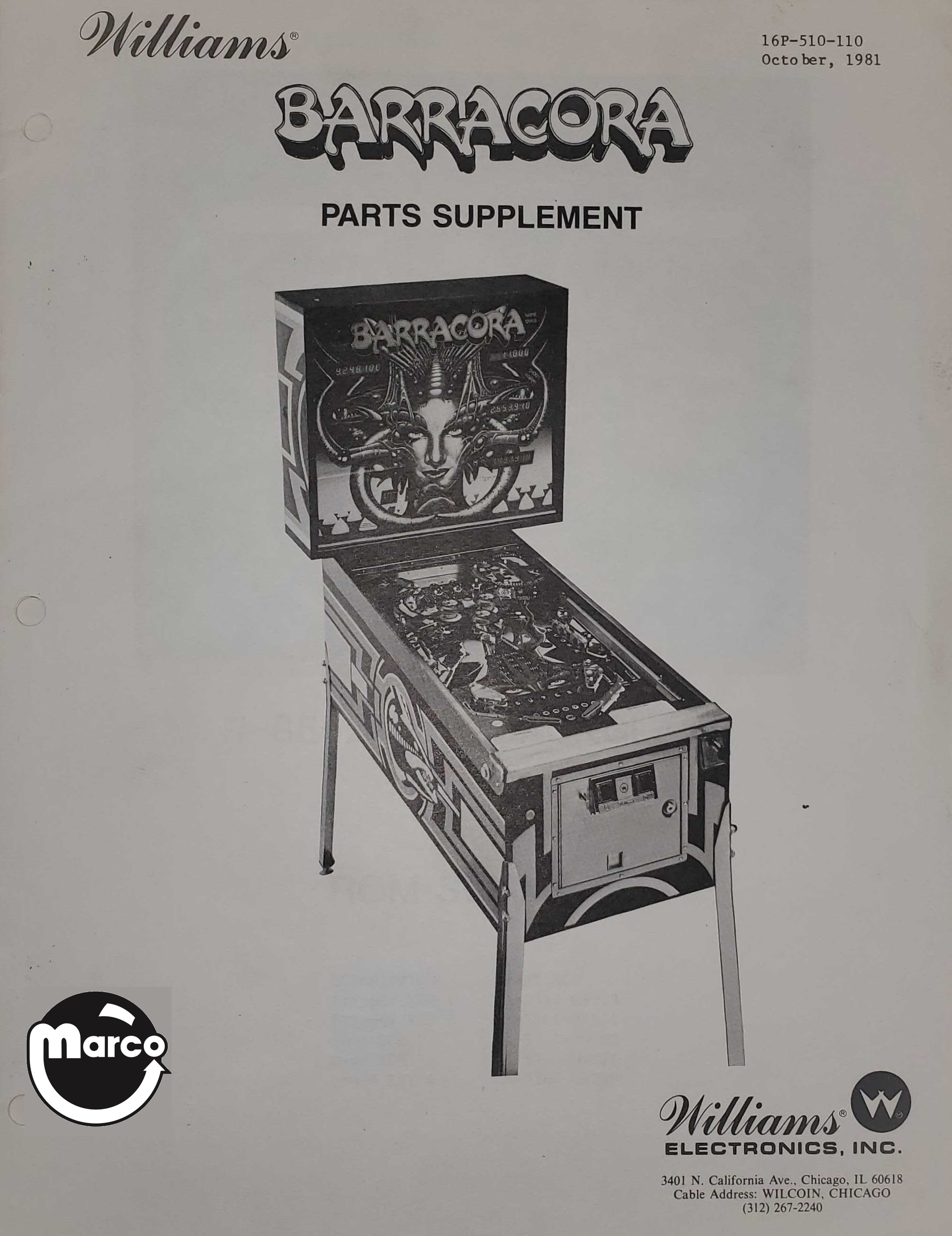 BARRACORA (Williams) Parts Supplement
