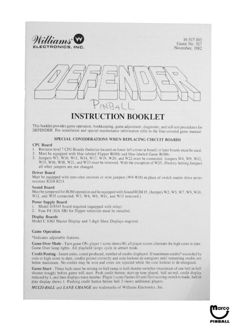 DEFENDER Pinball (Williams) Handbook