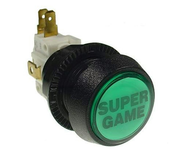 Pushbutton 1 inch round green 'Super Game'
