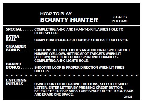 BOUNTY HUNTER (Gottlieb) Score Cards