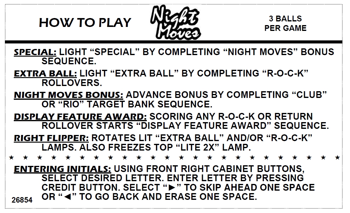 NIGHT MOVES (Gottlieb) Score Cards