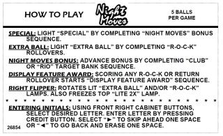 NIGHT MOVES (Gottlieb) Score Cards