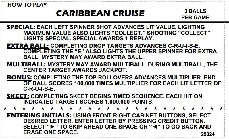 CARIBBEAN CRUISE (Gottlieb) Score Cards