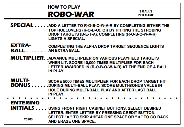 ROBO WAR (Gottlieb) Score Cards (4)