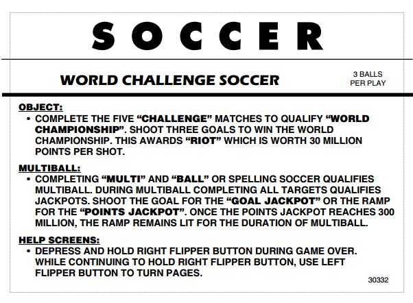 WORLD CHALLENGE SOCCER (Gottlieb) Score cards