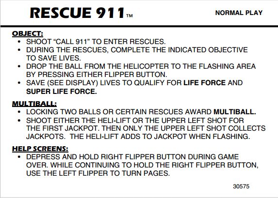 RESCUE 911 (Gottlieb) Score Cards (4)