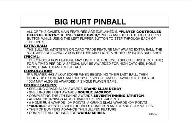 BIG HURT (Gottlieb) Score Card Set
