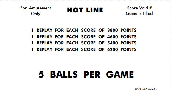HOT LINE (Williams) Score cards (6)