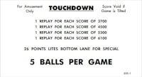 TOUCHDOWN (Williams) Score cards (4)