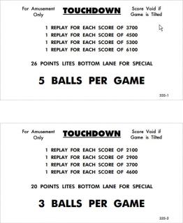 TOUCHDOWN (Williams) Score cards (4)