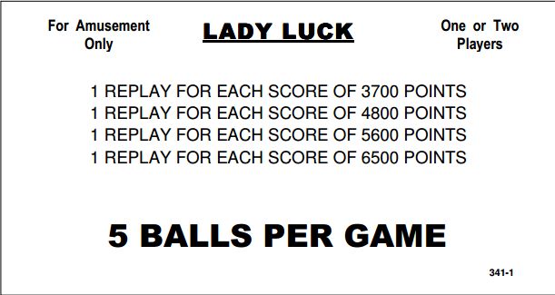 LADY LUCK (Williams 1968) Score cards 4