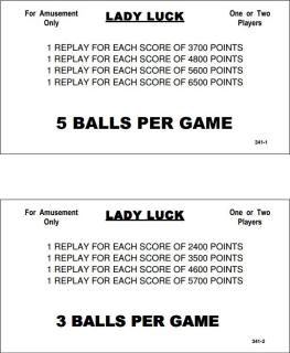LADY LUCK (Williams 1968) Score cards 4