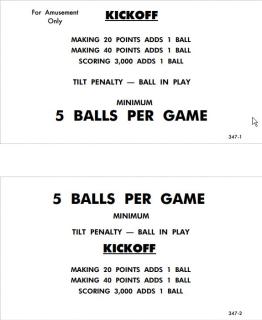 KICKOFF (Williams 1967) Score cards