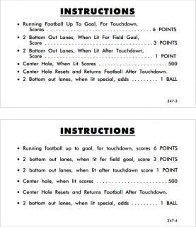KICKOFF (Williams 1967) Score cards