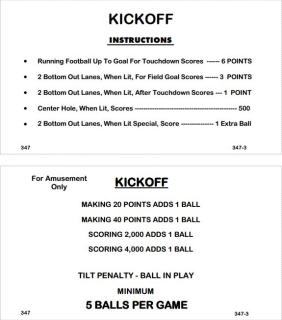 KICKOFF (Williams 1967) Score cards