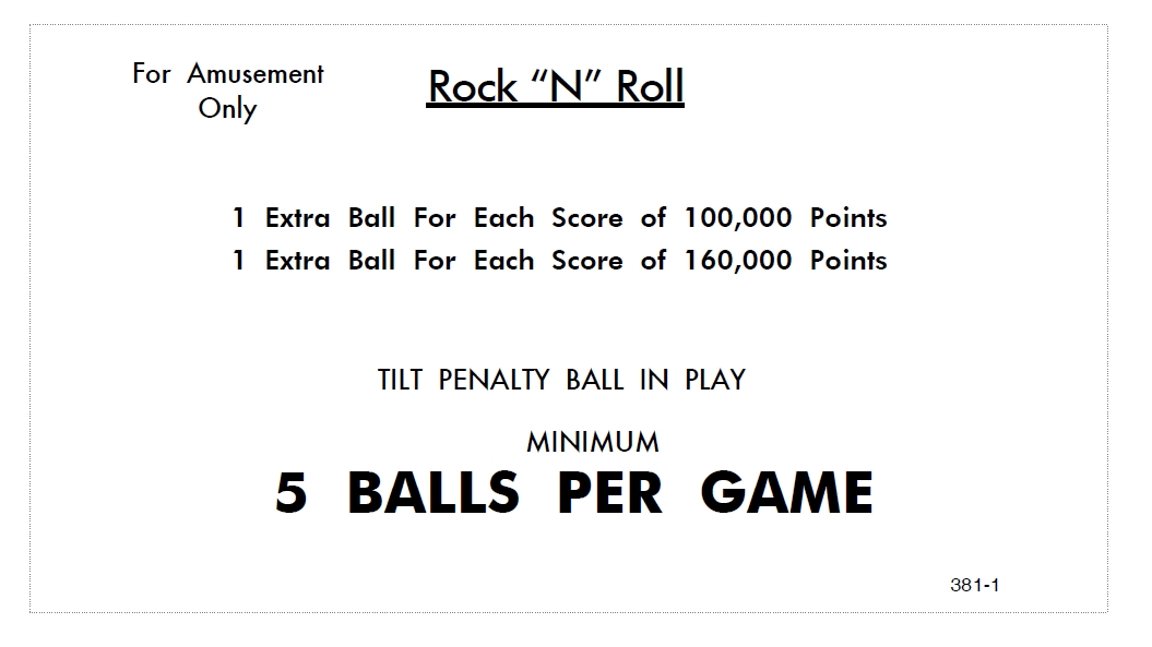 ROCK N ROLL (Williams) Score Card Set