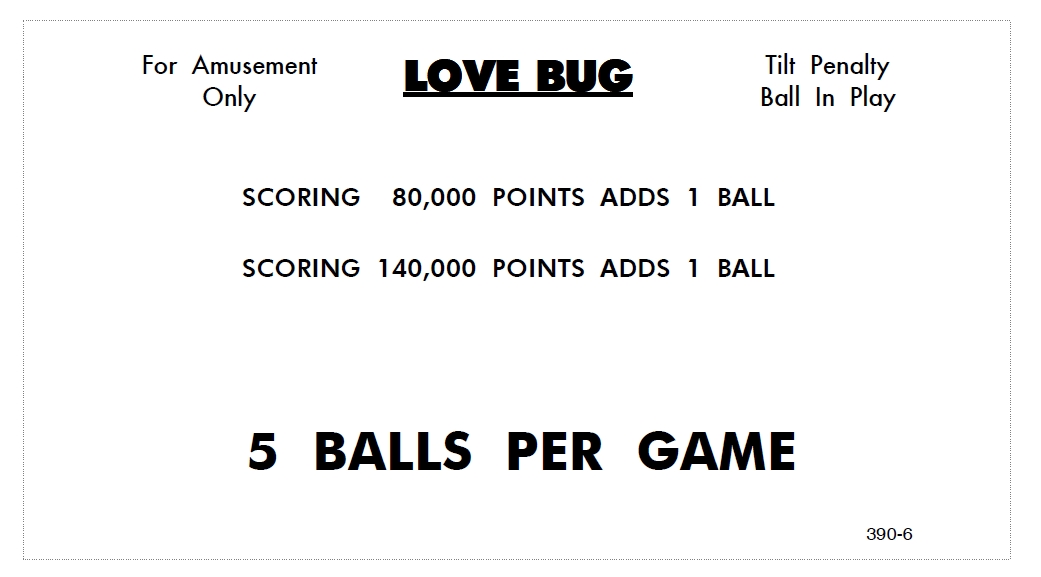 LOVE BUG (Williams) Score Card Set