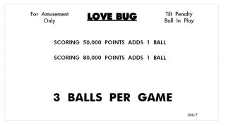 LOVE BUG (Williams) Score Card Set