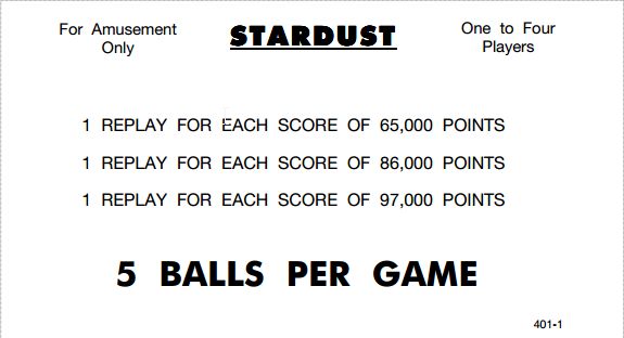 STARDUST (Williams) Score Cards (4)