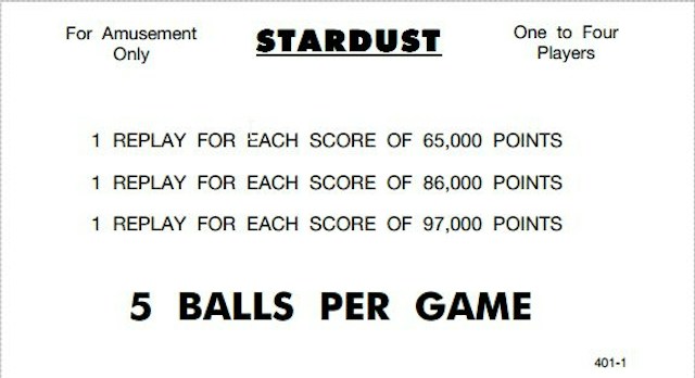 STARDUST (Williams) Score Cards (4)