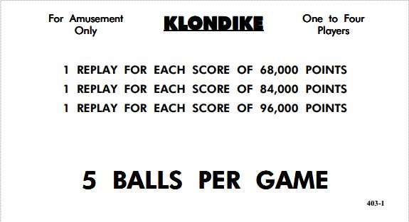 KLONDIKE (Williams) Score cards (8)