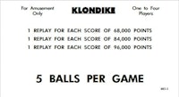KLONDIKE (Williams) Score cards (8)